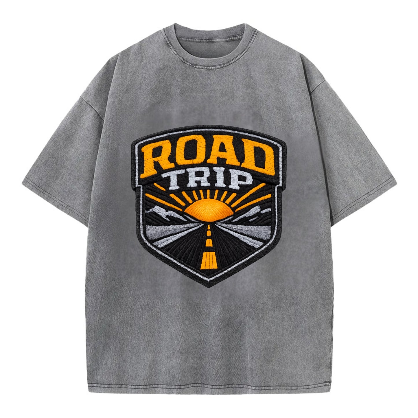 ROAD TRIP - highway and sun in orange and gray , open road - Vintage T-shirt - Grey