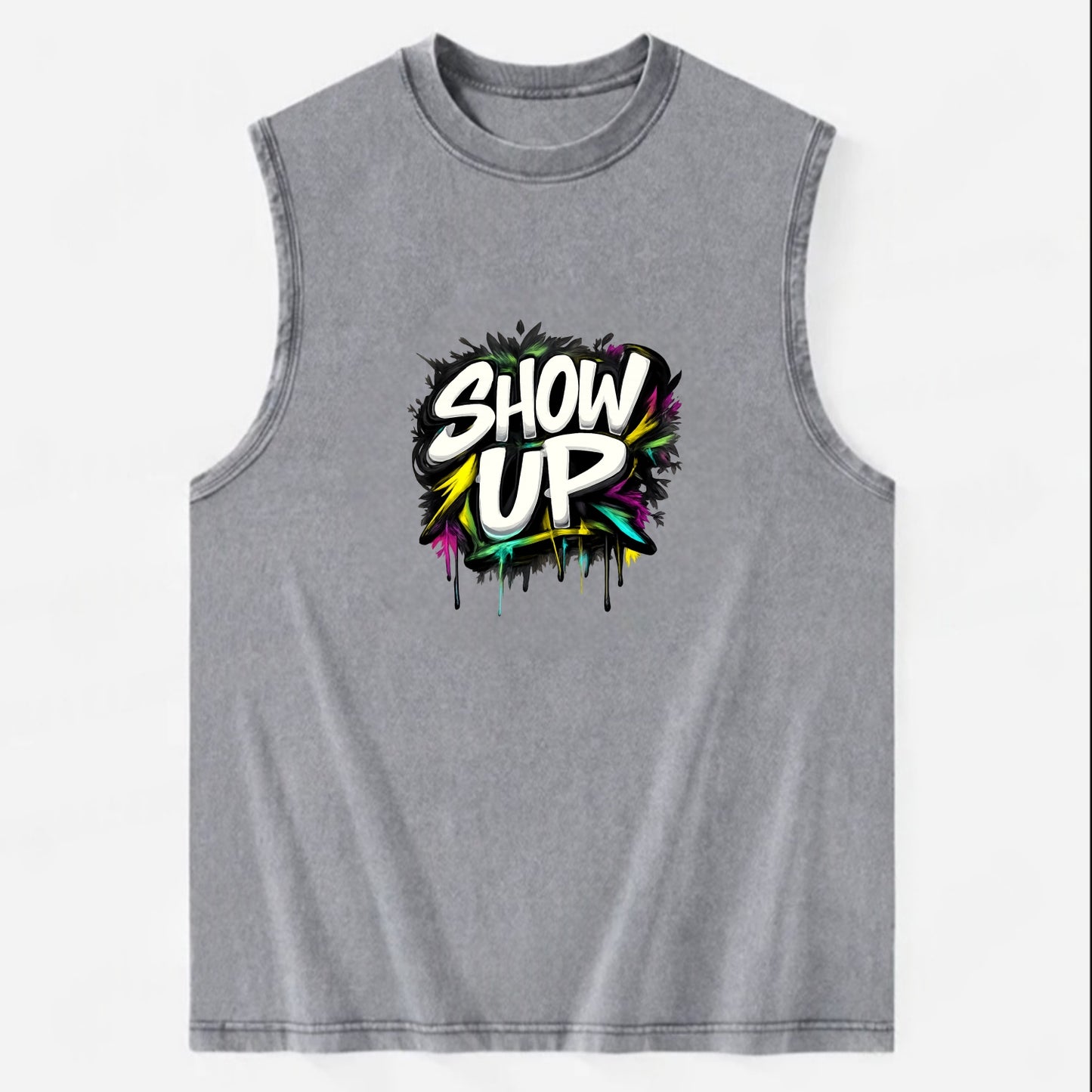 Bold typography design - "SHOW UP" - be present, arrive ready - Vintage Washed Tank - Grey