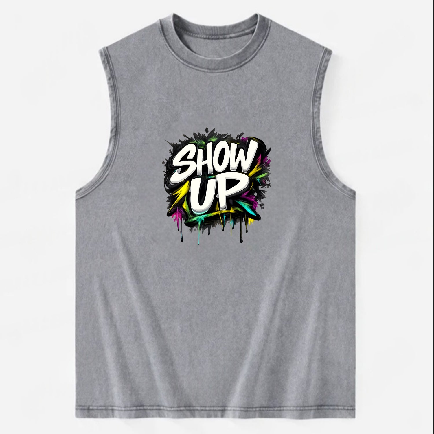 Bold typography design - "SHOW UP" - be present, arrive ready - Vintage Washed Tank - Grey