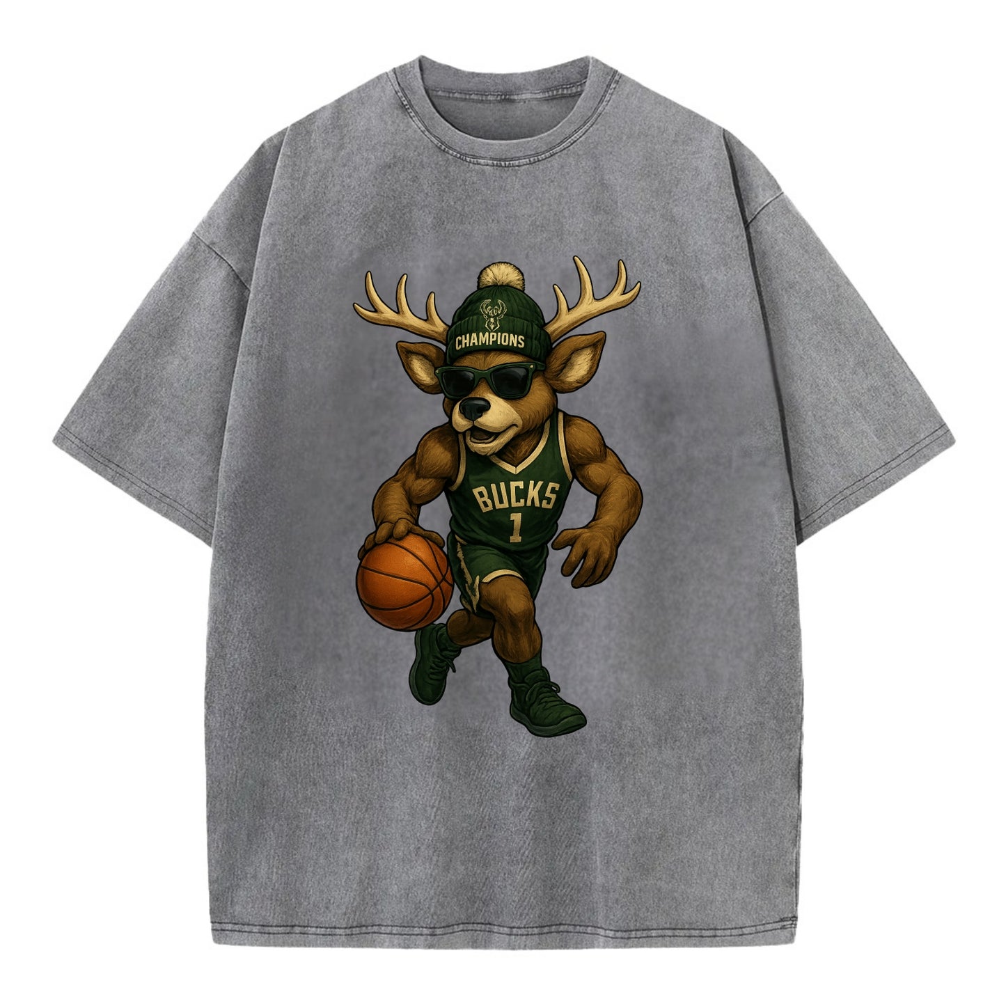Milwaukee Buck Deer wearing Bucks green and cream beanie with antlers and - Vintage T-shirt - Grey