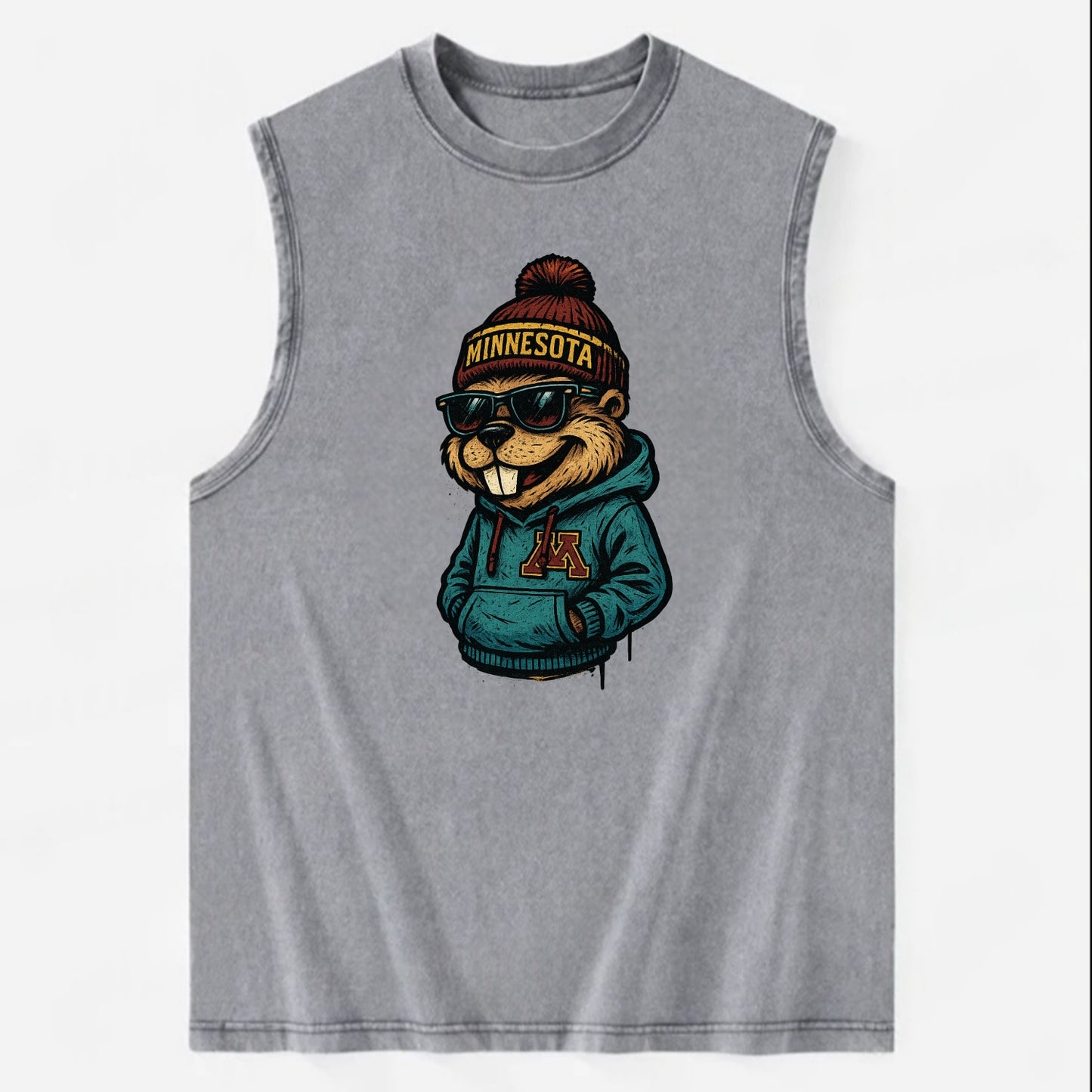 Minneapolis Gopher wearing Minnesota beanie with M patch - Vintage Washed Tank - Grey