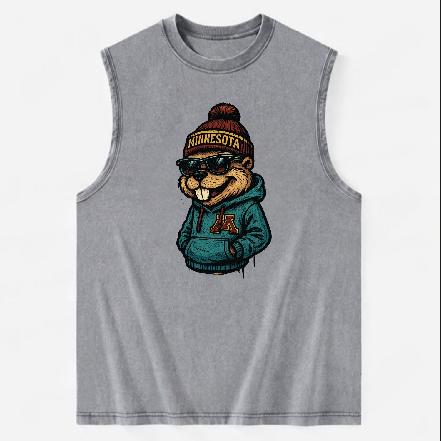 Minneapolis Gopher wearing Minnesota beanie with M patch - Vintage Washed Tank - Grey