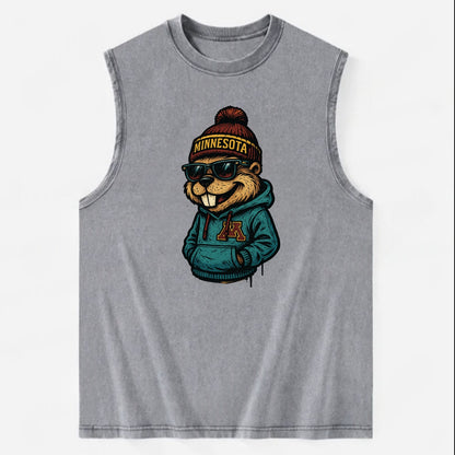Minneapolis Gopher wearing Minnesota beanie with M patch - Vintage Washed Tank - Grey