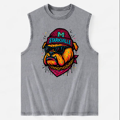 Starkville Bulldog wearing Mississippi State beanie with M patch - Vintage Washed Tank - Grey