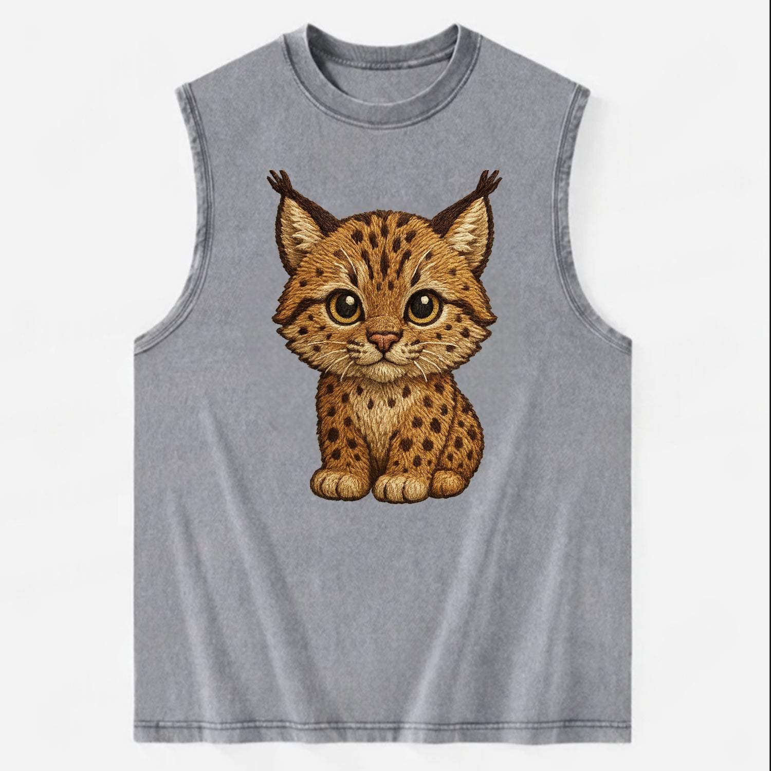 Baby Lynx Cub - tufted ears, spotted fur, golden eyes, front-facing, wild baby - Vintage Washed Tank - Grey