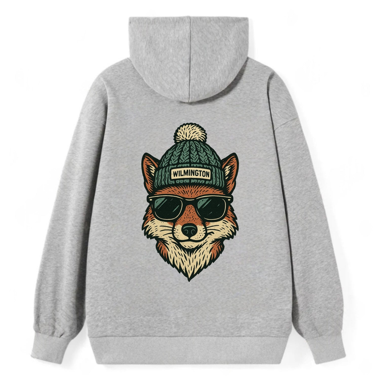 Delaware Gray Fox wearing Wilmington beanie with pom pom and wayfarer - Classic Pullover Hoodie - Grey