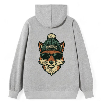 Delaware Gray Fox wearing Wilmington beanie with pom pom and wayfarer - Classic Pullover Hoodie - Grey