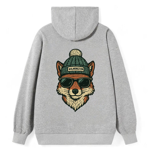 Delaware Gray Fox wearing Wilmington beanie with pom pom and wayfarer - Classic Pullover Hoodie