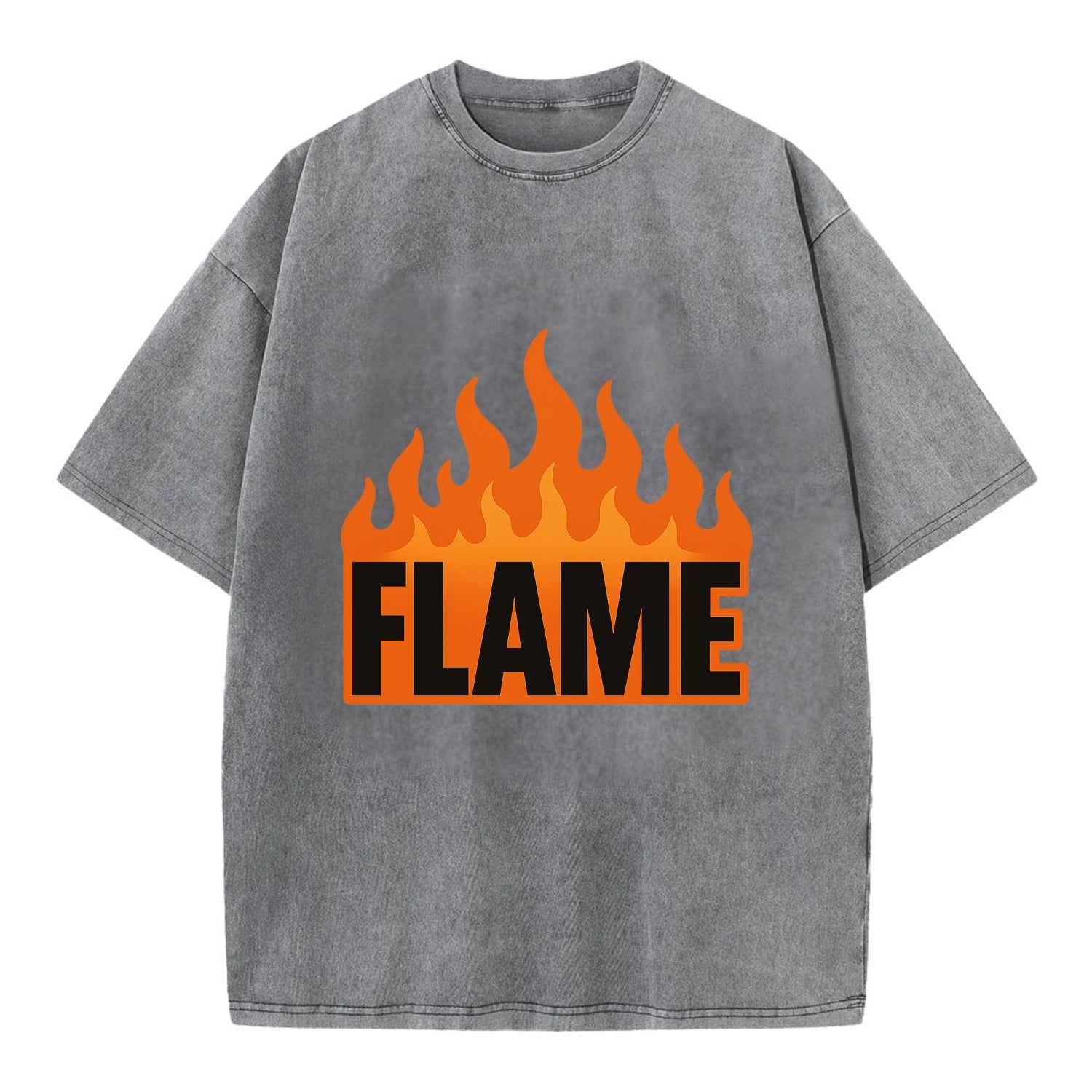 Bold typography design - "FLAME" - burning bright, passionate - Vintage T-shirt - Grey
