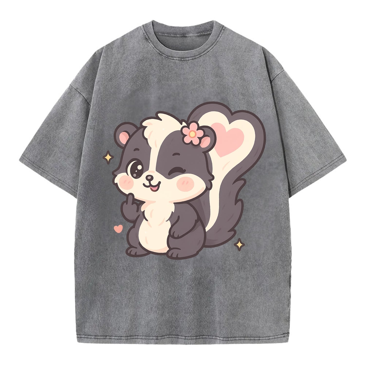 fluffy skunk with heart-shaped tail pattern, one paw up showing sass - Vintage T-shirt - Grey