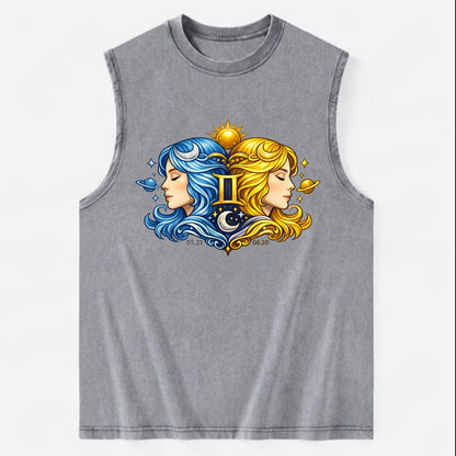 TWIN FACES | Two faces in profile mirror image | Gemini duality | Opposite - Vintage Washed Tank - Grey