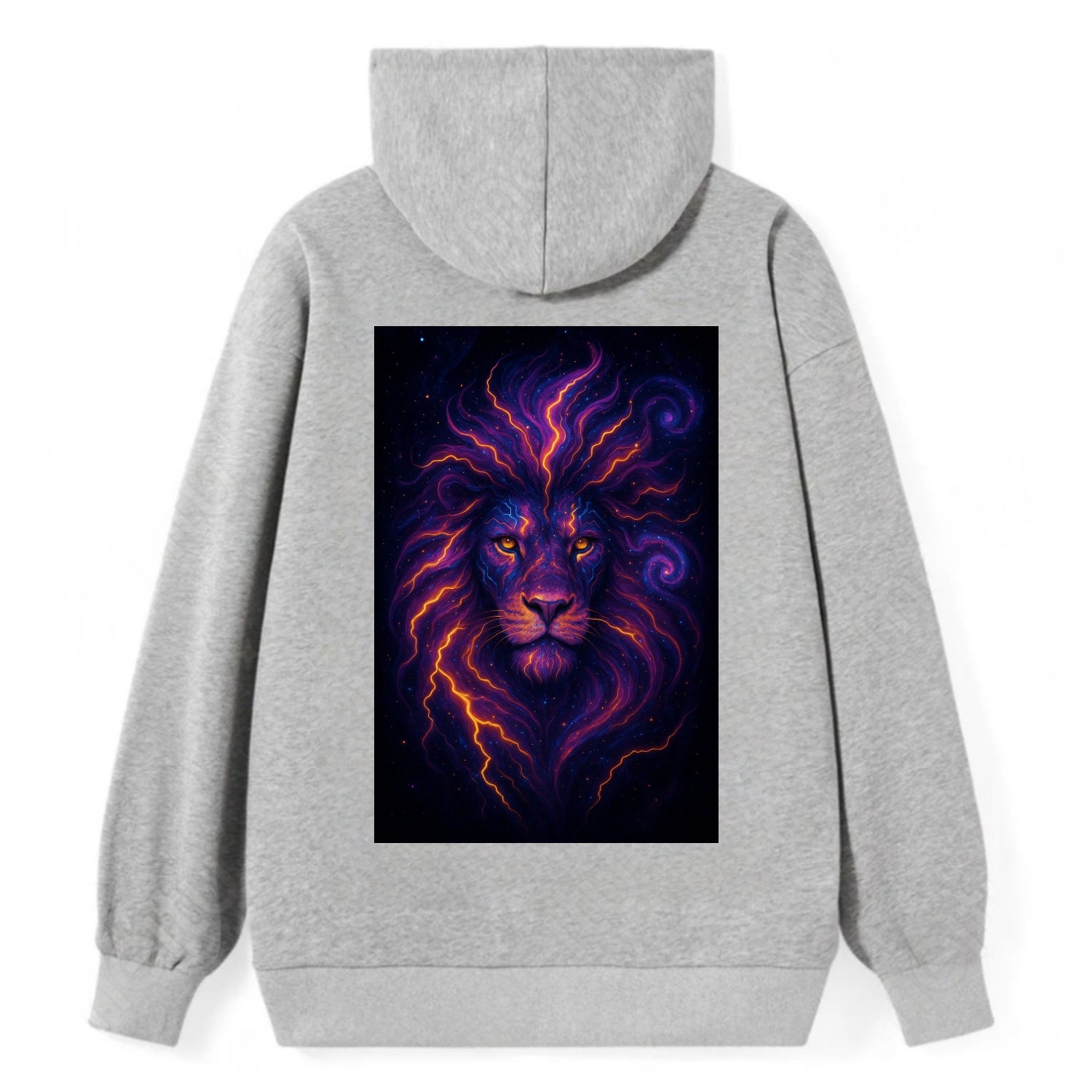 Regal lion with mane made of electric currents, neon yellow and hot pink - Classic Pullover Hoodie - Grey
