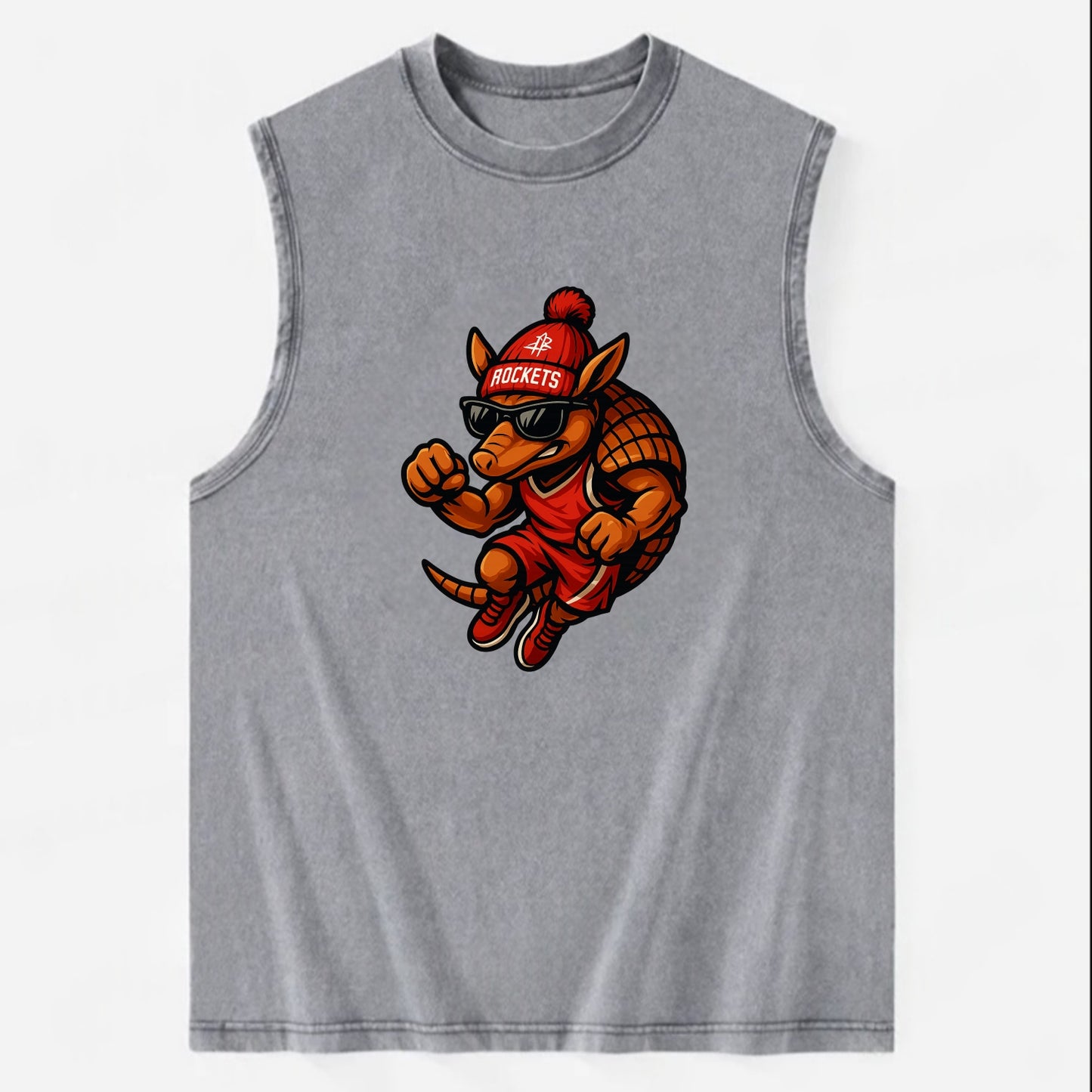 Houston Armadillo wearing Rockets red and silver beanie with rocket ship and - Vintage Washed Tank - Grey