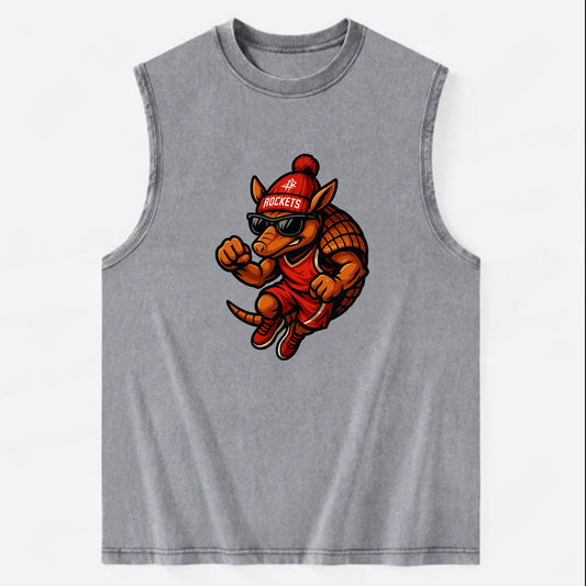 Houston Armadillo wearing Rockets red and silver beanie with rocket ship and - Vintage Washed Tank - Grey
