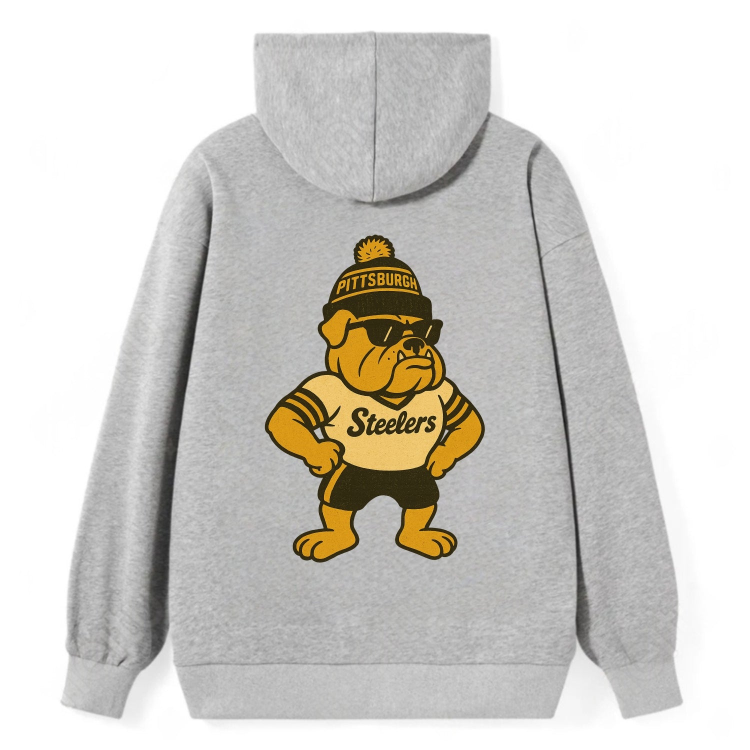 Pittsburgh Bulldog wearing Steelers black and gold beanie with pom pom - Classic Pullover Hoodie - Grey