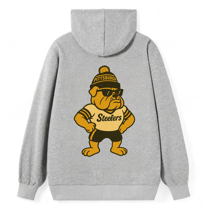 Pittsburgh Bulldog wearing Steelers black and gold beanie with pom pom - Classic Pullover Hoodie - Grey