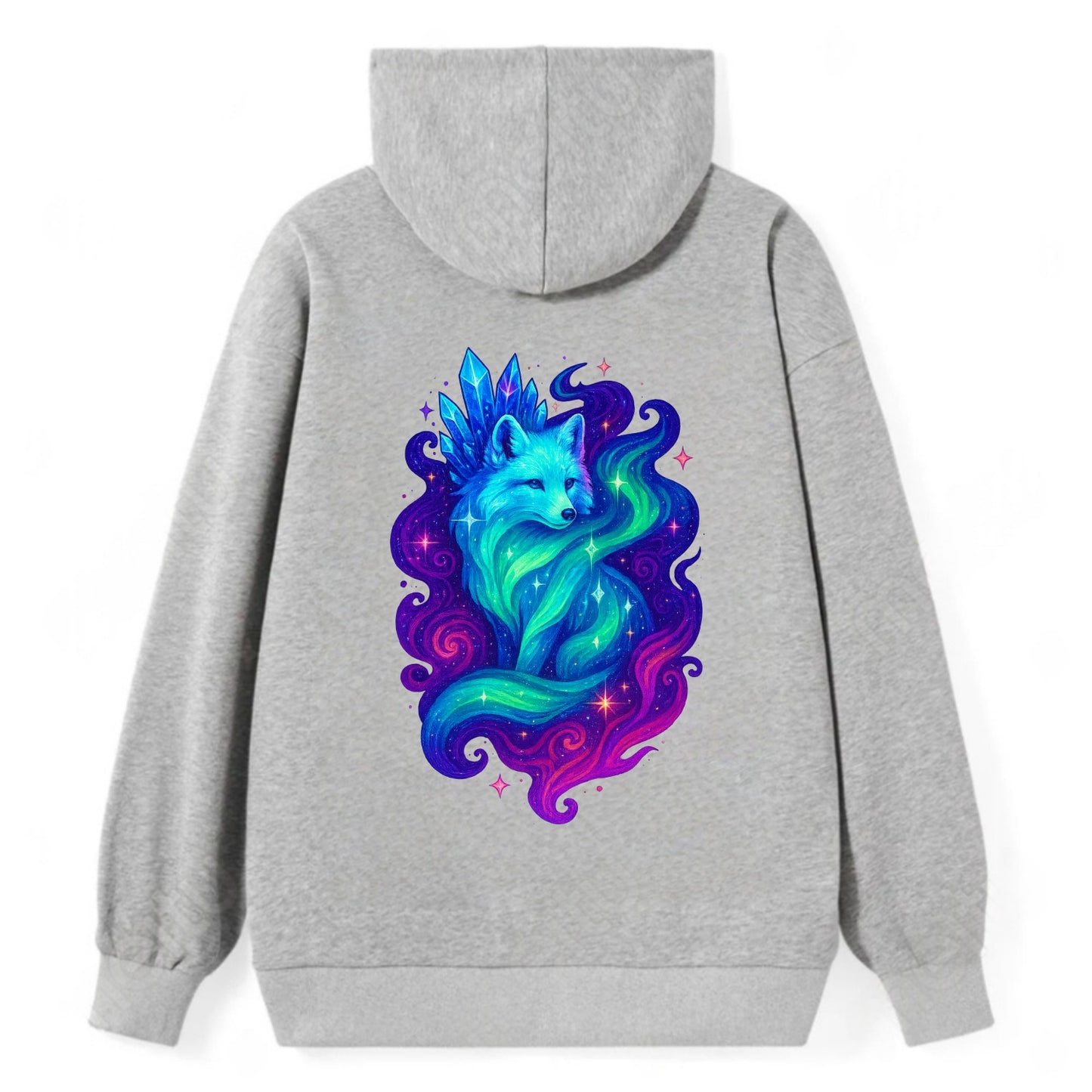 Ethereal arctic fox with fur that transforms into crystal formations, - Classic Pullover Hoodie - Grey