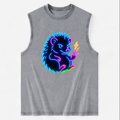 tiny hedgehog curled up slightly, one little paw raised flipping the bird - Vintage Washed Tank - Grey