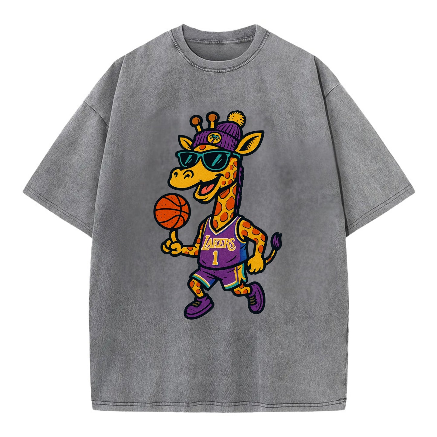 California Giraffe wearing Lakers beanie with palm tree patch and wayfarer - Vintage T-shirt - Grey