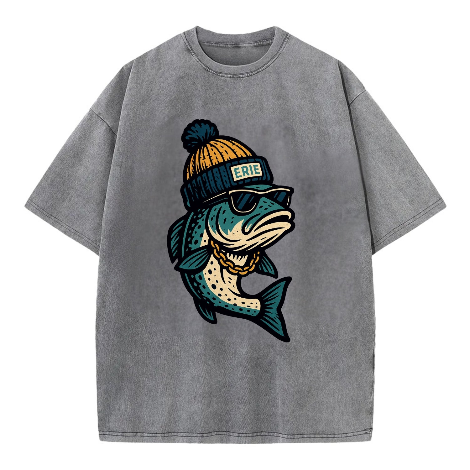 Erie Lake Trout wearing Erie beanie with - Vintage T-shirt - Grey