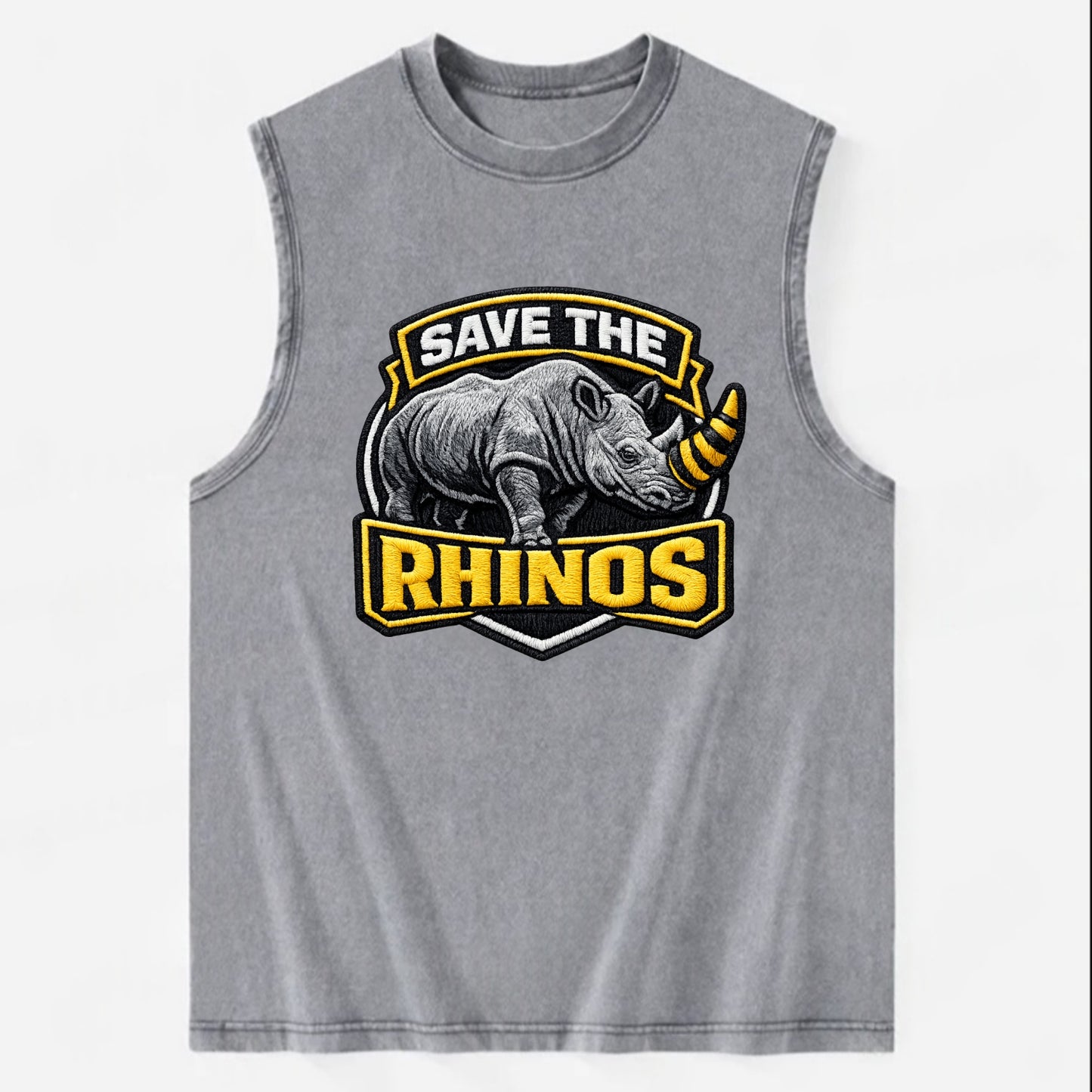SAVE THE RHINOS - rhino silhouette in gray , horn protection - Vintage Washed Tank - Grey