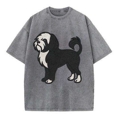 Löwchen - Black and white lion trim embr - Vintage T-shirt - Grey