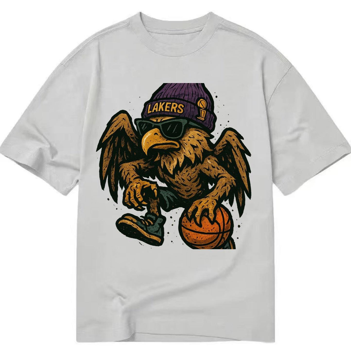 Los Angeles Golden Eagle wearing Lakers beanie with trophy patch and wayfarer - Classic T-shirt - Grey