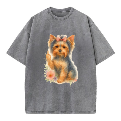 Yorkshire Terrier with topknot bow, one delicate paw flipping off - Vintage T-shirt - Grey