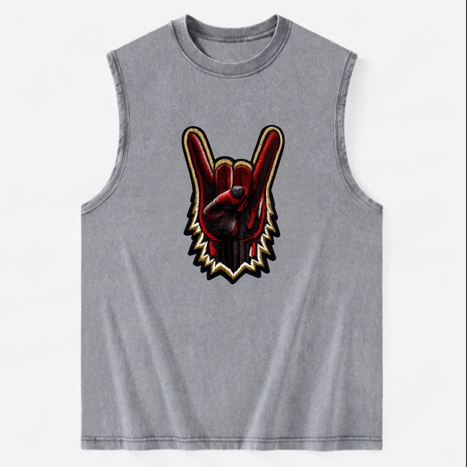 ROCK HAND HORNS - devil horns hand gesture in black and red , metal music - Vintage Washed Tank - Grey