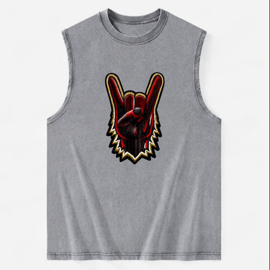 ROCK HAND HORNS - devil horns hand gesture in black and red , metal music - Vintage Washed Tank - Grey