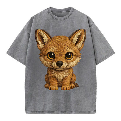 Baby Coyote Pup - tan fur, large ears, golden eyes, front-facing, clever baby - Vintage T-shirt - Grey