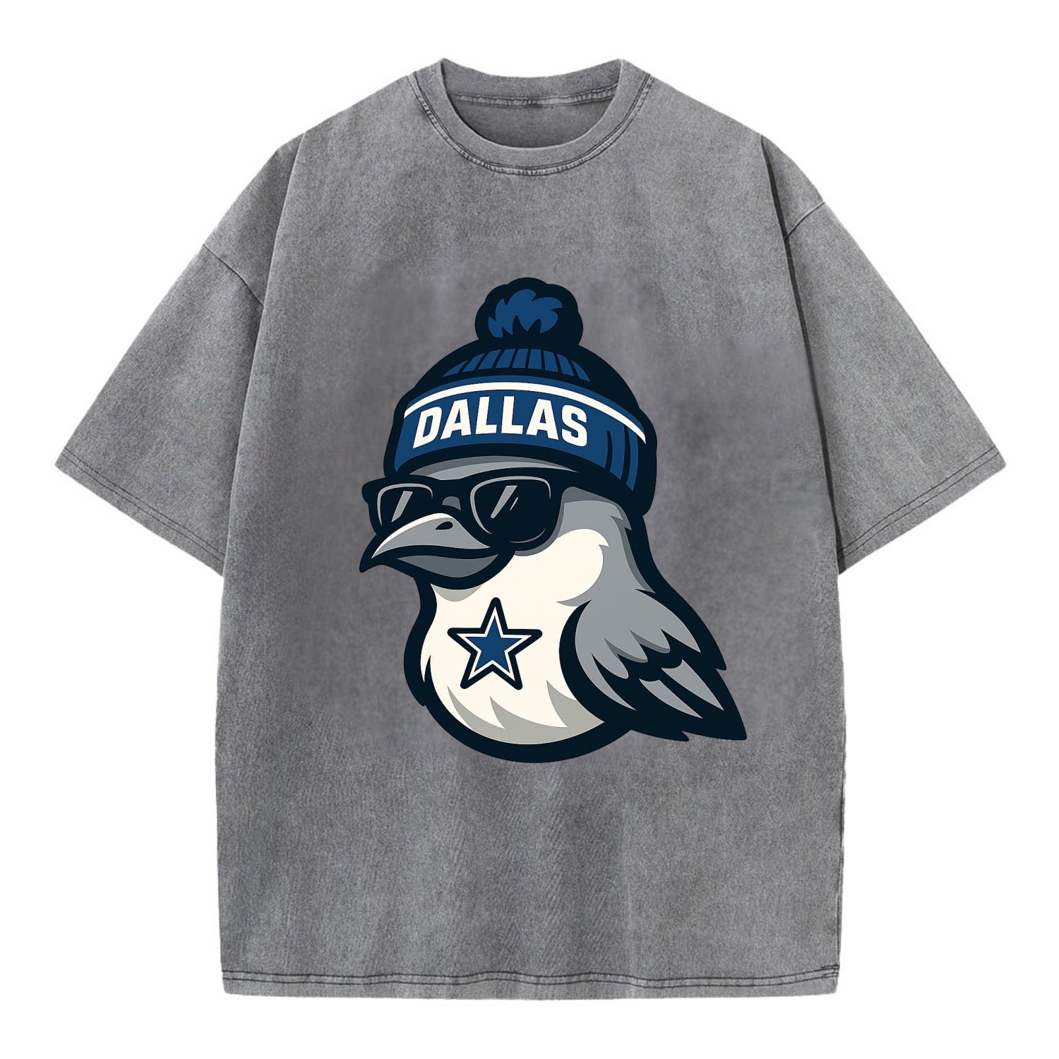 Dallas Mockingbird wearing Cowboys beanie with sheriff star and wayfarer - Vintage T-shirt - Grey