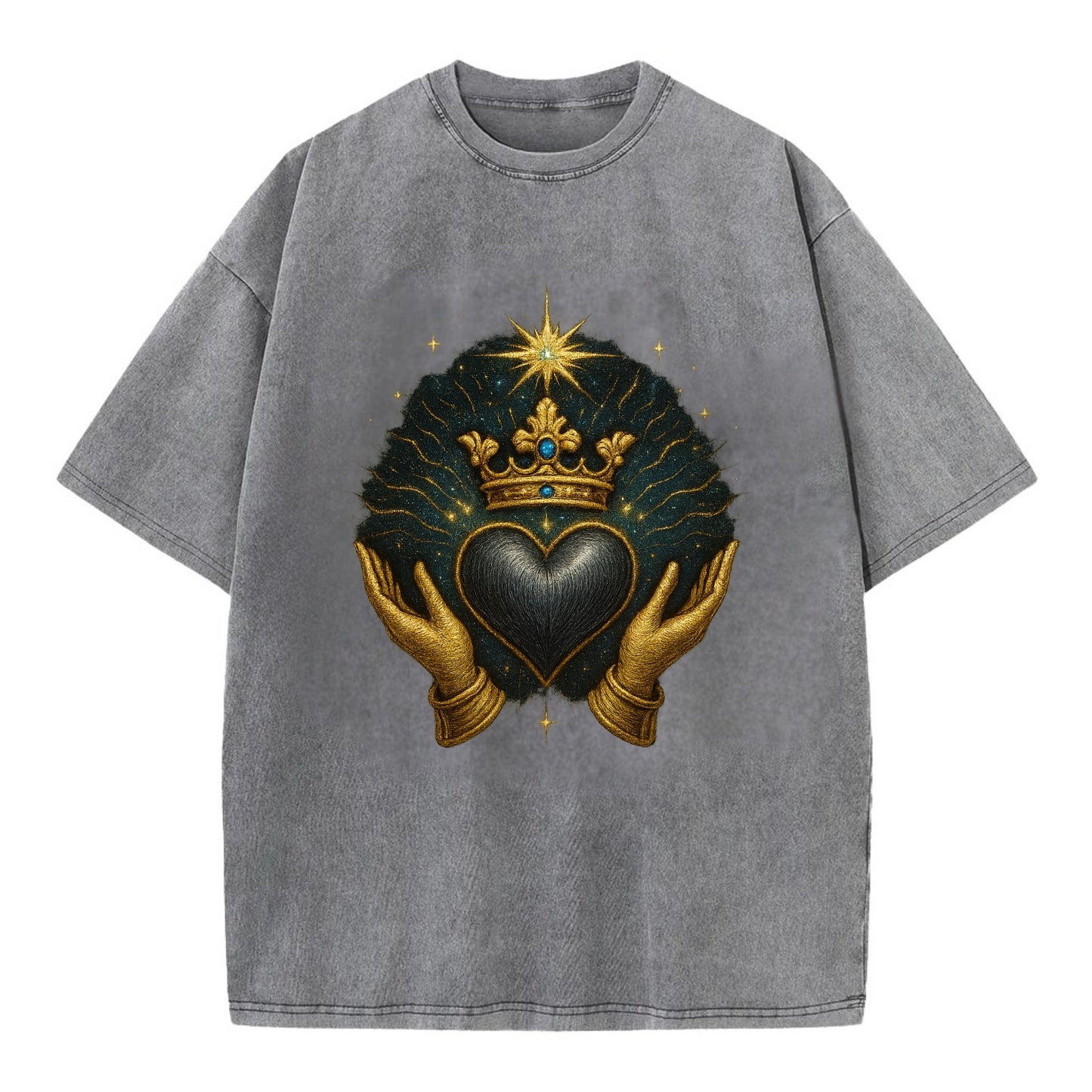 Pearl-studded tiara atop a satin-gunmetal heart supported by elegant opera-glove - Vintage T-shirt - Grey