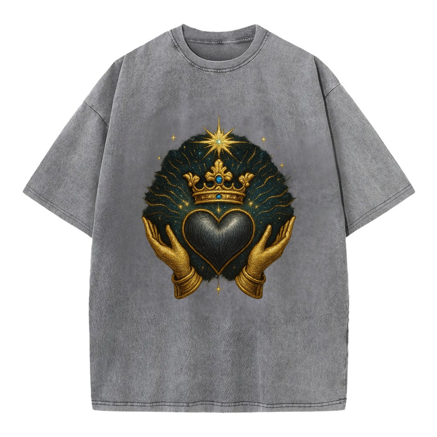 Pearl-studded tiara atop a satin-gunmetal heart supported by elegant opera-glove - Vintage T-shirt - Grey