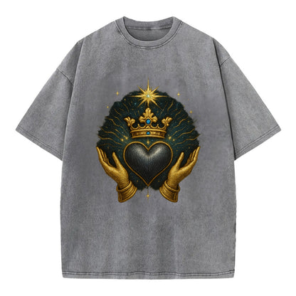 Pearl-studded tiara atop a satin-gunmetal heart supported by elegant opera-glove - Vintage T-shirt - Grey