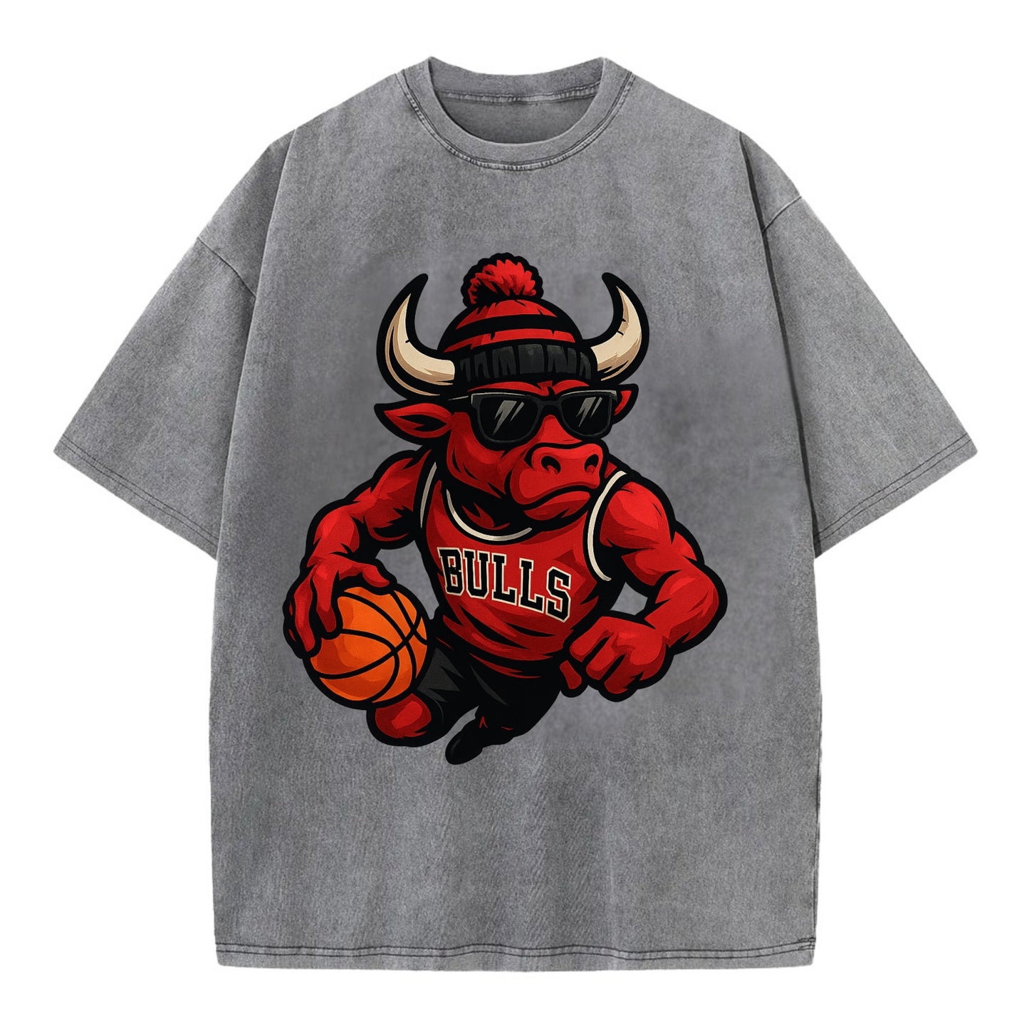 Chicago Bull wearing Bulls red and black beanie with horns design and wayfarer - Vintage T-shirt - Grey