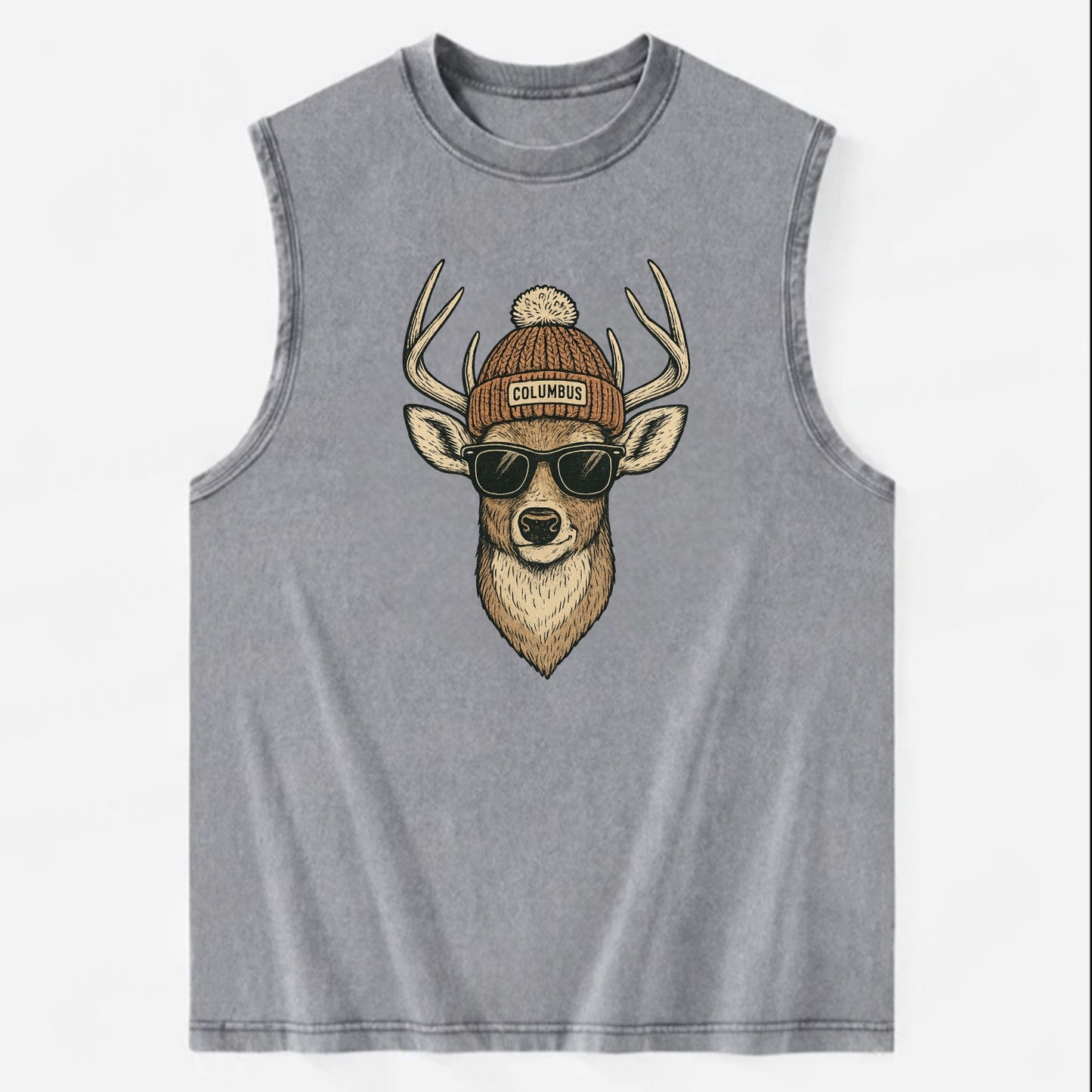 Ohio White-tailed Deer wearing Columbus beanie with pom pom and wayfarer - Vintage Washed Tank - Grey