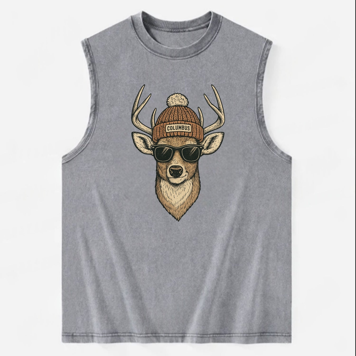 Ohio White-tailed Deer wearing Columbus beanie with pom pom and wayfarer - Vintage Washed Tank - Grey