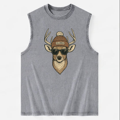 Ohio White-tailed Deer wearing Columbus beanie with pom pom and wayfarer - Vintage Washed Tank - Grey