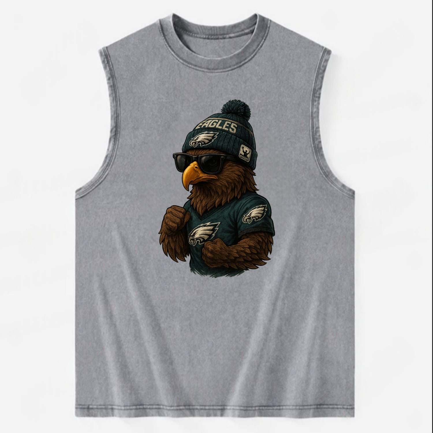 Philly Hawk wearing Eagles beanie with Rocky patch and wayfarer sunglasses - Vintage Washed Tank - Grey