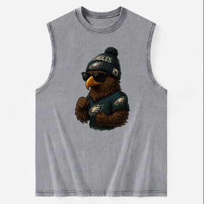 Philly Hawk wearing Eagles beanie with Rocky patch and wayfarer sunglasses - Vintage Washed Tank - Grey