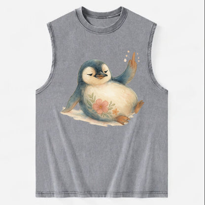 chubby penguin sliding on belly, one flipper up giving attitude - Vintage Washed Tank - Grey