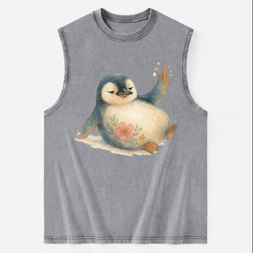 chubby penguin sliding on belly, one flipper up giving attitude - Vintage Washed Tank