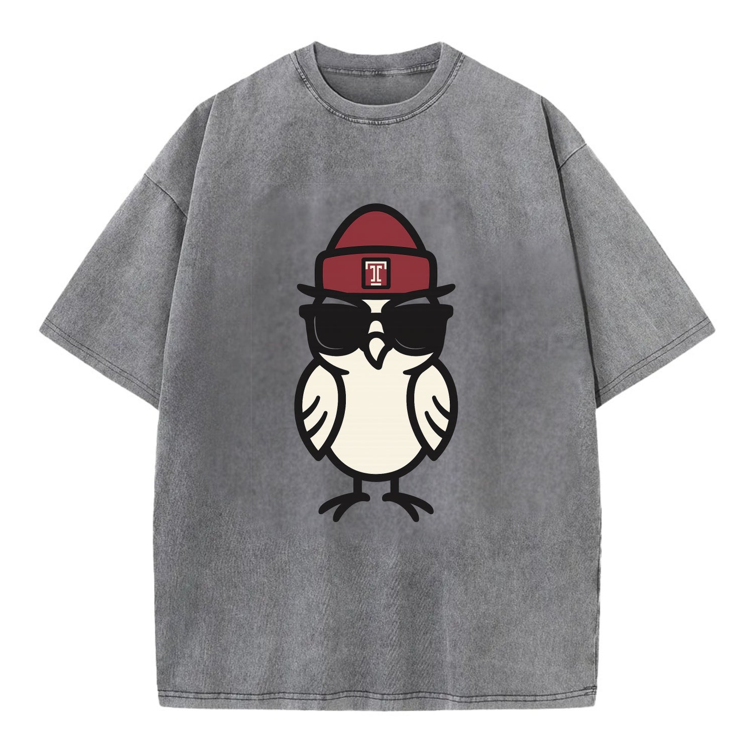Philadelphia Owl wearing Temple beanie with T patch - Vintage T-shirt - Grey