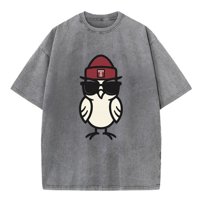Philadelphia Owl wearing Temple beanie with T patch - Vintage T-shirt - Grey