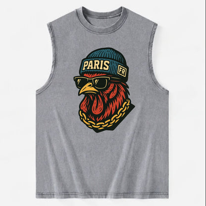 Paris Rooster - Vintage Washed Tank - Grey