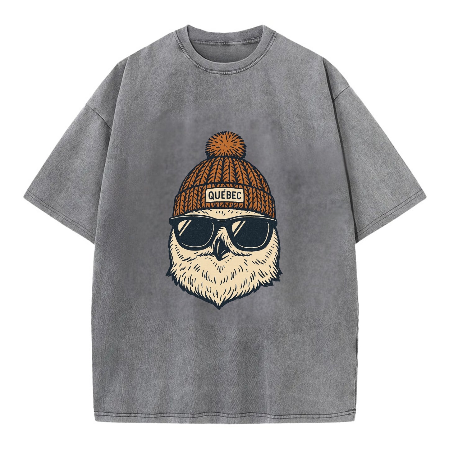 Quebec City Snowy Owl wearing Quebec beanie with pom pom and wayfarer sunglasses - Vintage T-shirt - Grey