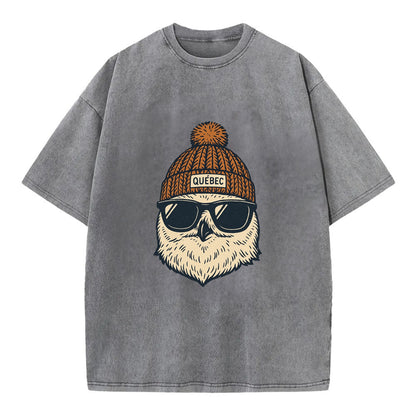 Quebec City Snowy Owl wearing Quebec beanie with pom pom and wayfarer sunglasses - Vintage T-shirt - Grey