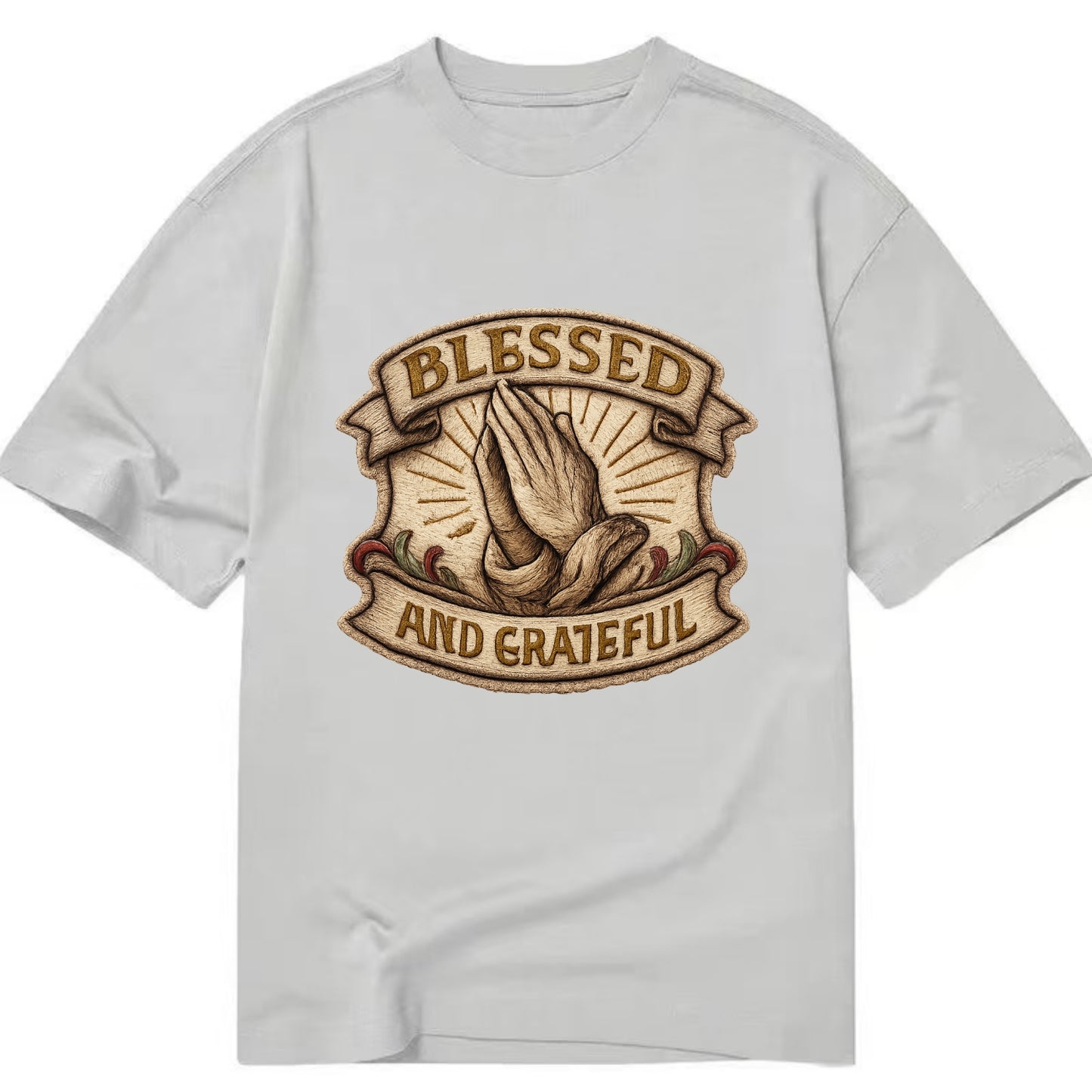 BLESSED AND GRATEFUL - praying hands with text in gold , thankful - Classic T-shirt - Grey
