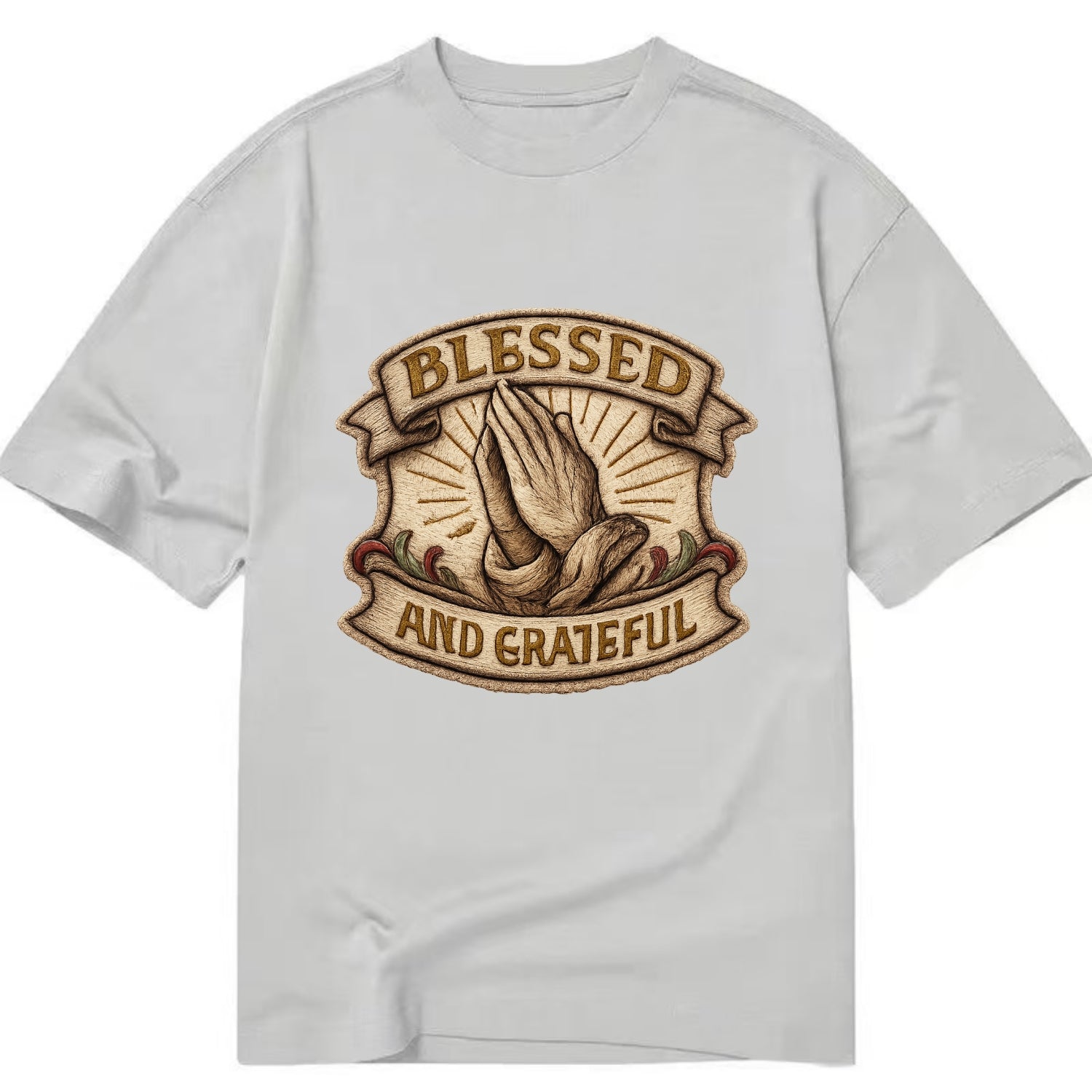 BLESSED AND GRATEFUL - praying hands with text in gold , thankful - Classic T-shirt - Grey